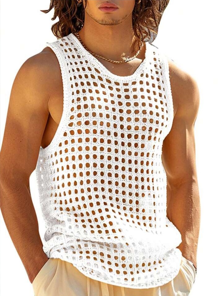 Men's O-Neck Sleeveless Pointelle Hollow Out Tank Tops Casual T-Shirt